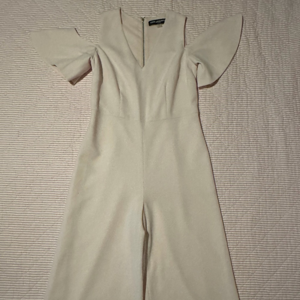 Karl Lagerfeld Cream Short-Sleeve Wide-Leg Jumpsuit
